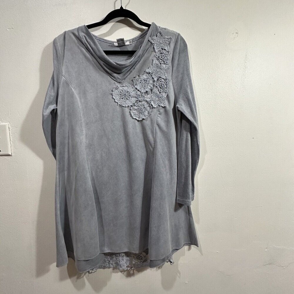 Feratelli Women's Boho Art Top Gray Long Sleeve Tunic Style Lace Crochet SZ M - Picture 5 of 16